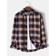 Mens 100% Cotton Regular Check Print Button Long Sleeve Lapel Shirt