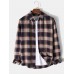 Mens 100% Cotton Regular Check Print Button Long Sleeve Lapel Shirt