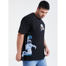 Plus Size Mens Astronaut Play Basketball Print 100% Cotton Short Sleeve T-Shirts