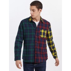 Mens 100% Cotton Plaid Patchwork Lapel Casual Long Sleeve Shirts