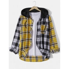 Mens Contrast Plaid Patchwork 100% Cotton Long Sleeve Hooded Shirts
