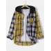 Mens Contrast Plaid Patchwork 100% Cotton Long Sleeve Hooded Shirts