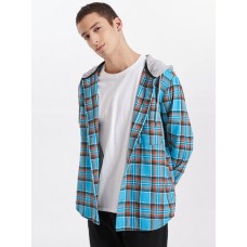 Mens Plaid Button Up 100% Cotton Casual Long Sleeve Hooded Shirts