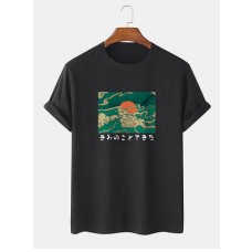 Mens 100% Cotton Ukiyoe Print Round Neck Short Sleeve T-Shirts