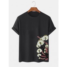 Mens 100% Cotton Mushroom Side Print O-Neck Short Sleeve T-Shirt
