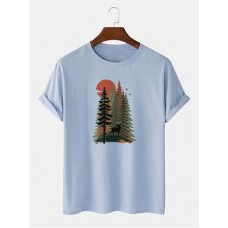Mens 100% Cotton Forest Deer Painting Print Short Sleeve Casual T-Shirt
