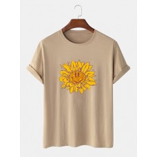 Mens 100% Cotton Flower Print Round Neck Casual Short Sleeve T-Shirts