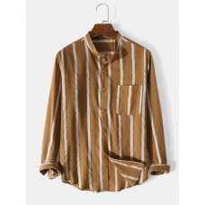 Mens 100% Cotton Vertical Striped Stand Collar Casual Long Sleeve Shirts