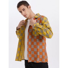 Mens Gingham Check Patchwork 100% Cotton Long Sleeve Shirts