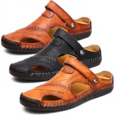 Men's Leather Sandals & Slippers Shoes Beach Hand Stitching Closed Toe Soft Slip On Casual